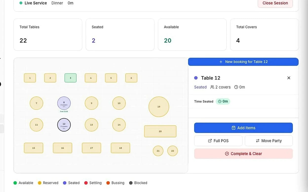 Screenshot: Entgegennahme einer Tischreservierung und Platzierung im Tischplan.
