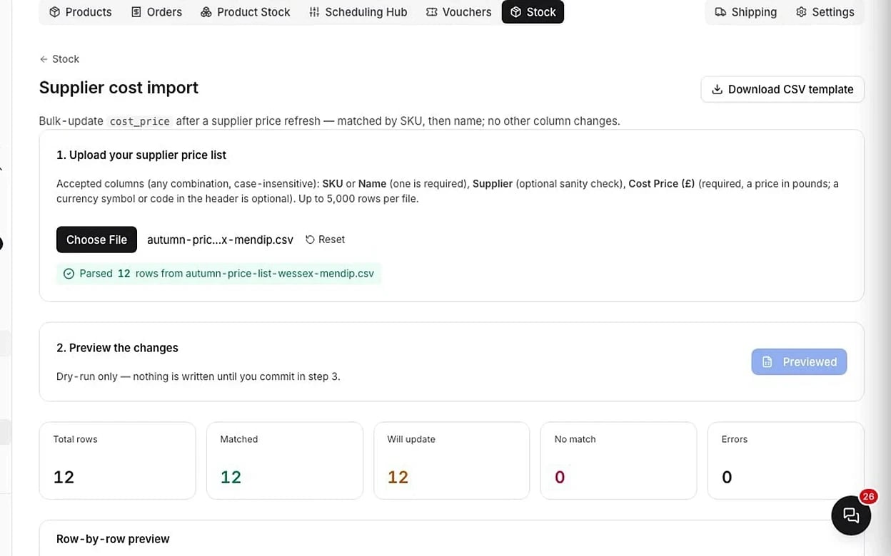 Screenshot: uploading a CSV, matching columns and previewing before import.