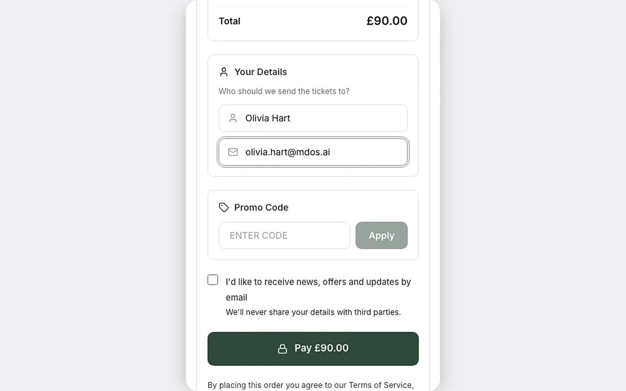 Screenshot: a customer buying two tickets for a tasting night on a phone.