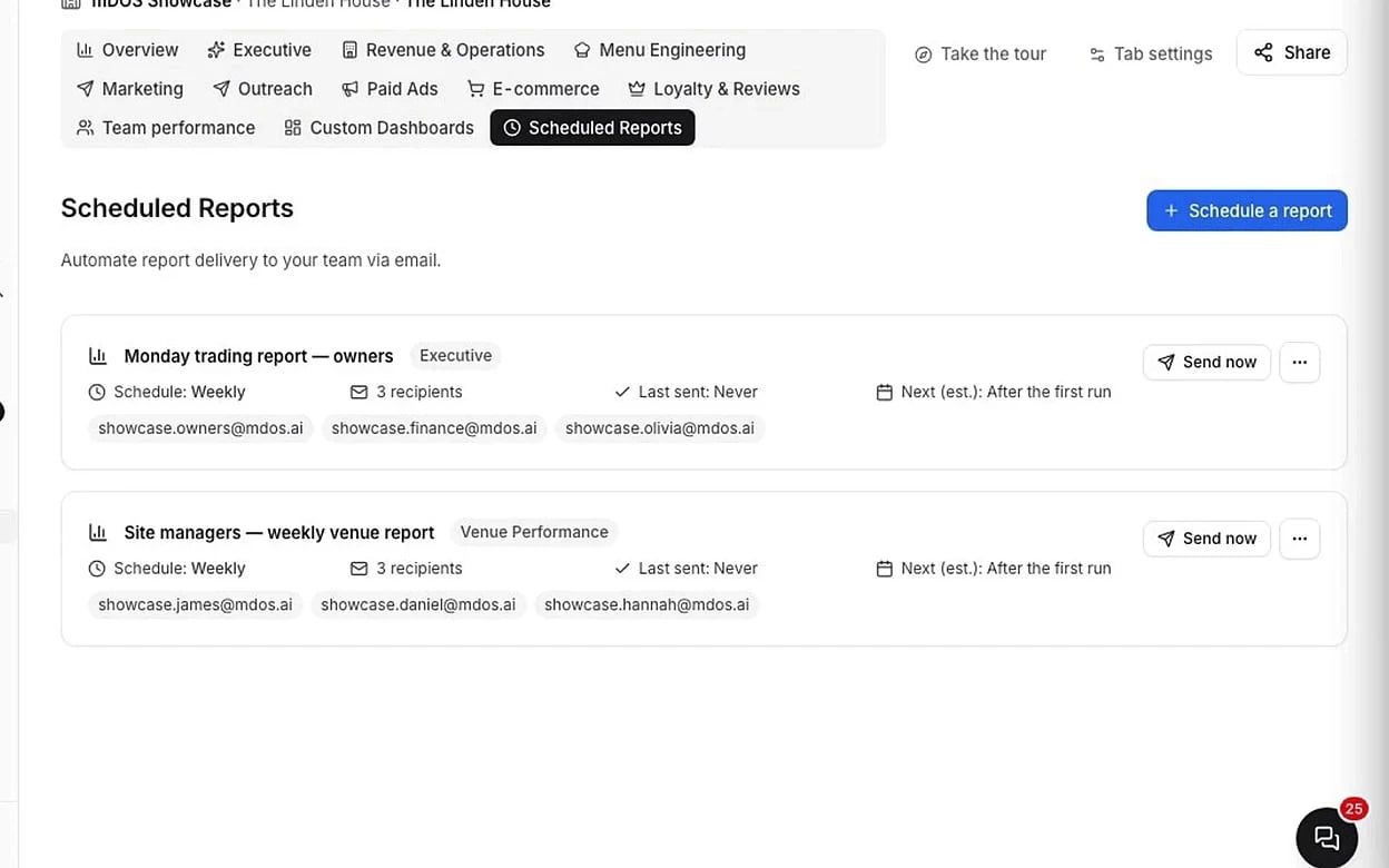 Screenshot: setting a weekly trading report to email to three owners.
