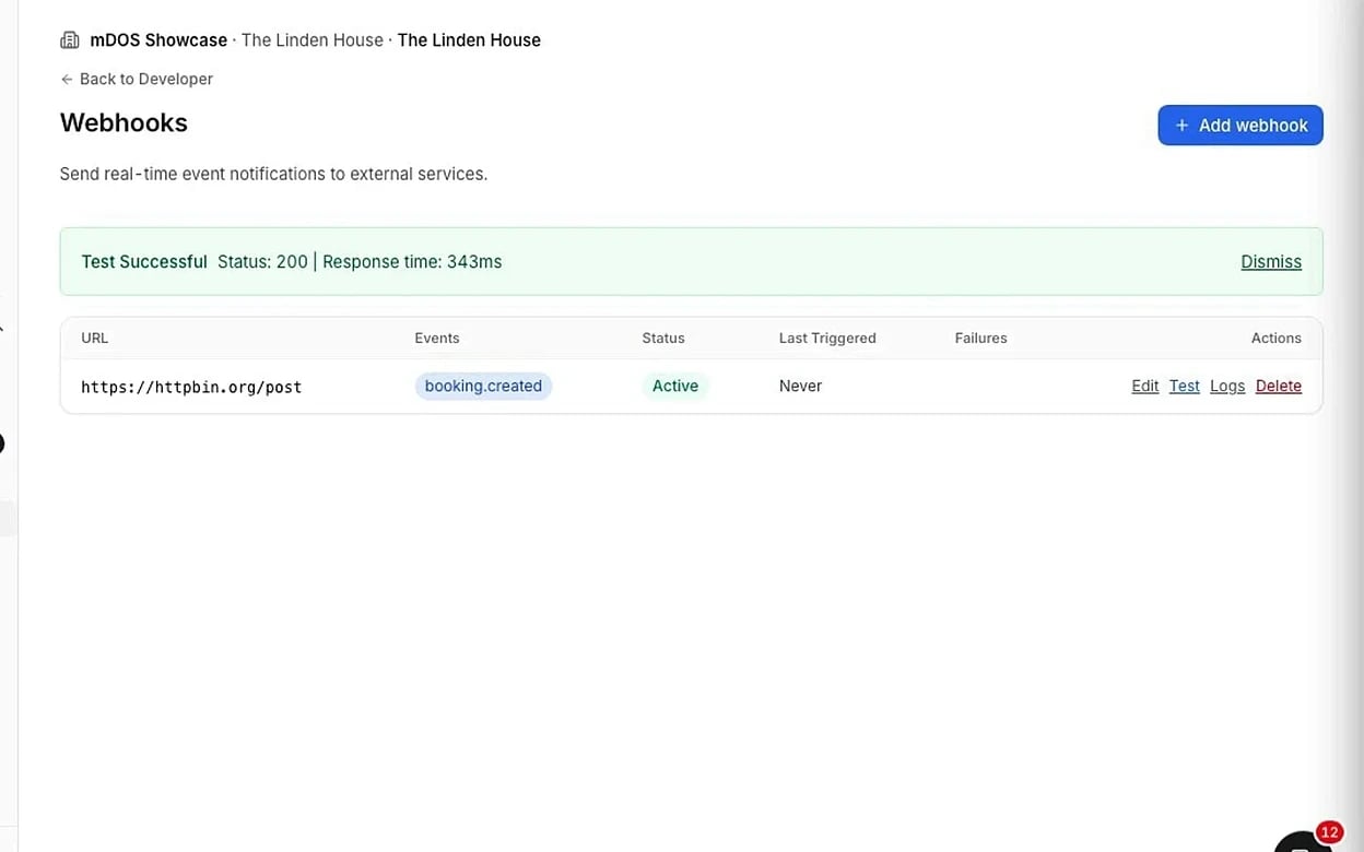 Screenshot: creating a key and receiving a webhook when a new booking arrives.