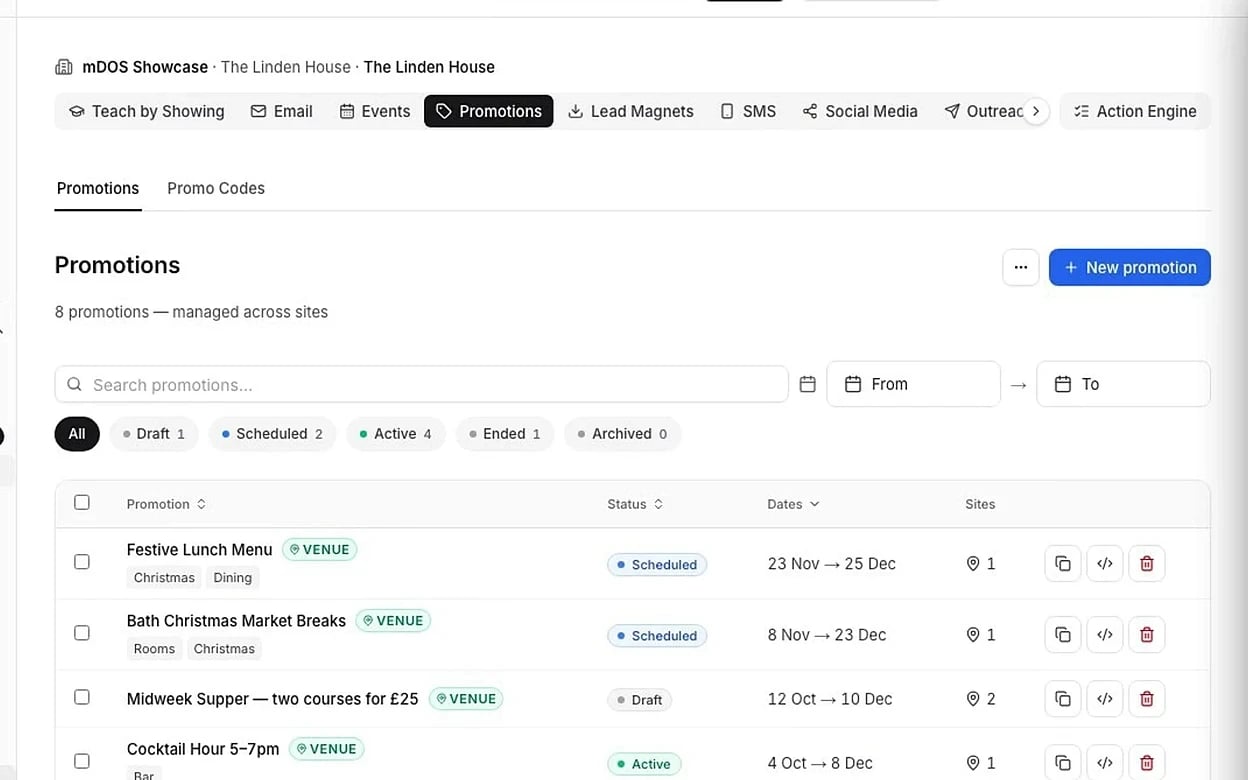 Screenshot: setting up a midweek offer for two sites and seeing it on the calendar.