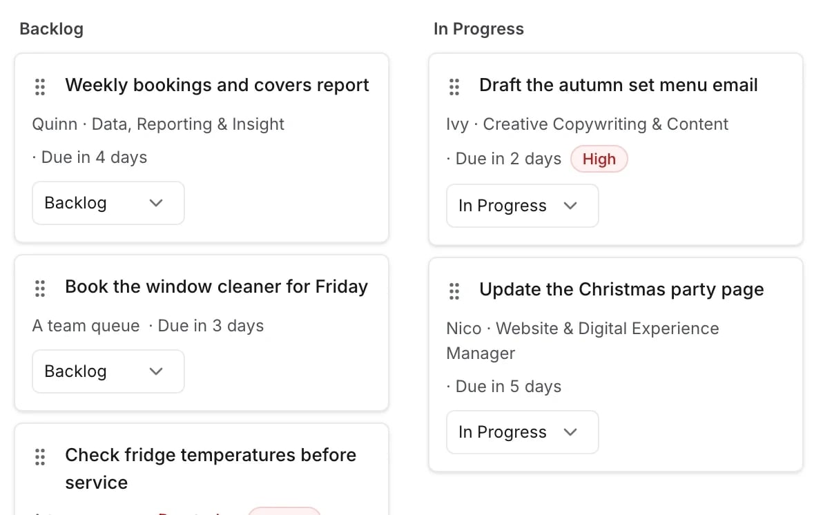 Das mDOS-Taskboard: Karten für Backlog und In Bearbeitung, jeweils mit Zuständigkeit und Fälligkeitsdatum