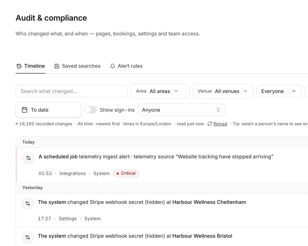 mDOS-Audit- & Compliance-Timeline: ein chronologisches Protokoll (neueste zuerst), wer was geändert hat, mit Filtern nach Bereich, Standort, Person und Datum
