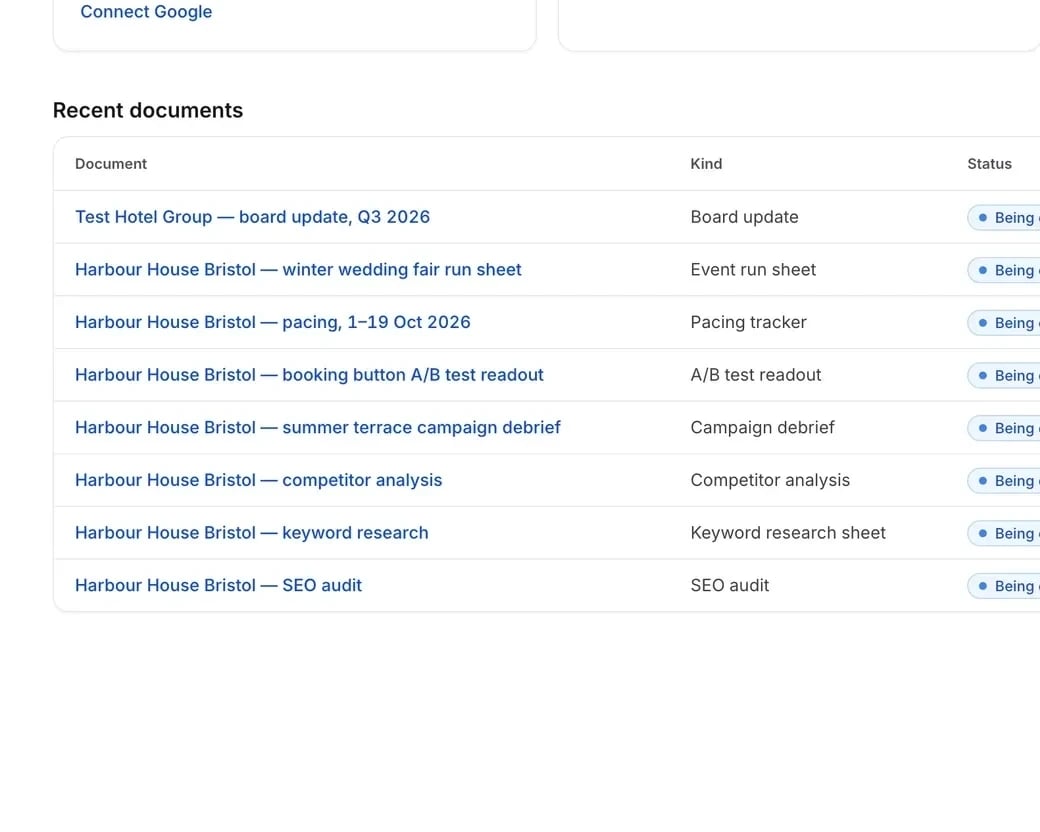 mDOS Documents Studio: aktuelle Dokumente wie ein Vorstands-Update, ein Pacing-Tracker und eine A/B-Test-Auswertung, jeweils mit einem Link zum Öffnen in Google