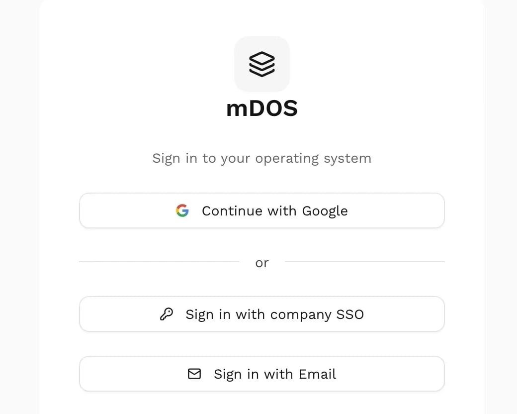 Die mDOS-Anmeldeseite mit Weiter mit Google, Mit Unternehmens-SSO anmelden und Mit E-Mail anmelden