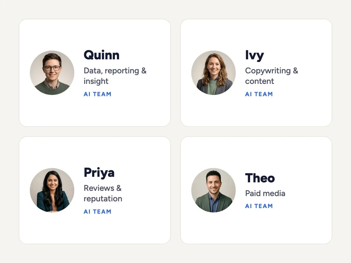 Four members of the mDOS AI team: Quinn (data, reporting and insight), Ivy (copywriting and content), Priya (reviews and reputation) and Theo (paid media)