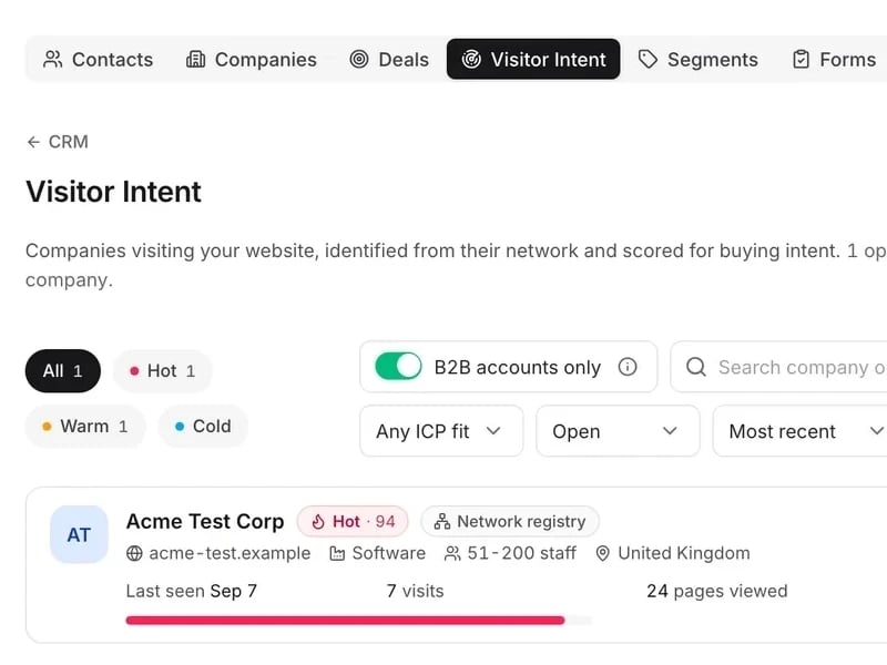 mDOS Visitor Intent: a company visiting the website scored Hot 94, with its visits and pages viewed, under the intent filters