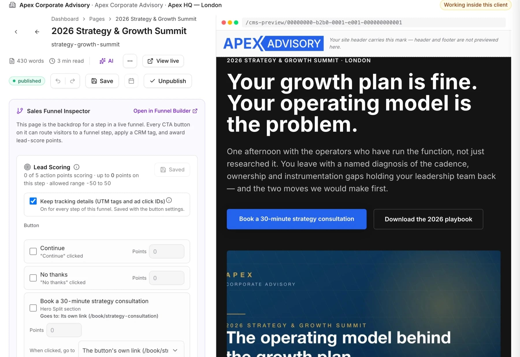 Page editor next to a live preview of the 2026 Strategy & Growth Summit landing page