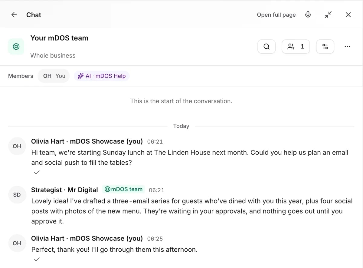 The mDOS Chat panel on the Your mDOS team room: a hotel asks for help planning an email and social push for Sunday lunch, and a strategist from the mDOS team replies