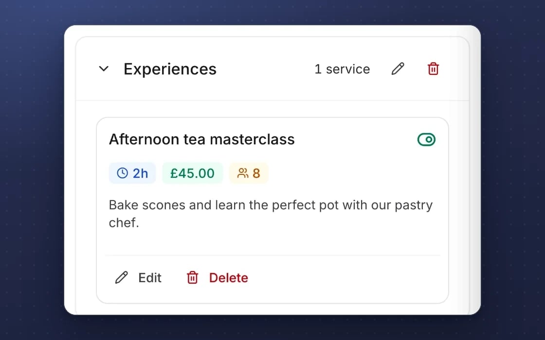Ein buchbarer Service in mDOS: eine Afternoon-Tea-Masterclass, zwei Stunden, £45, für bis zu acht Personen