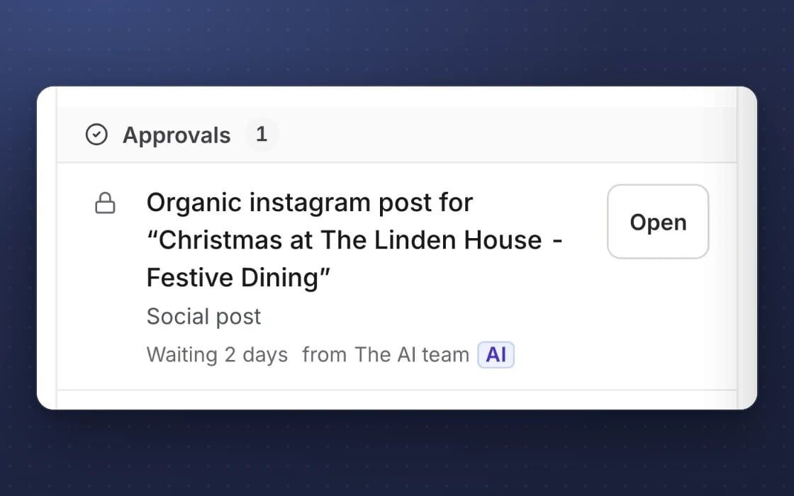 An approval waiting in mDOS: a social post drafted by the AI team, opened and approved in one place