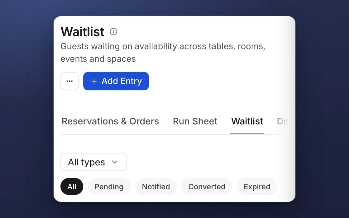 La lista de espera de mDOS para mesas, habitaciones, eventos y espacios, con entradas que pasan de en espera a notificado y a convertido