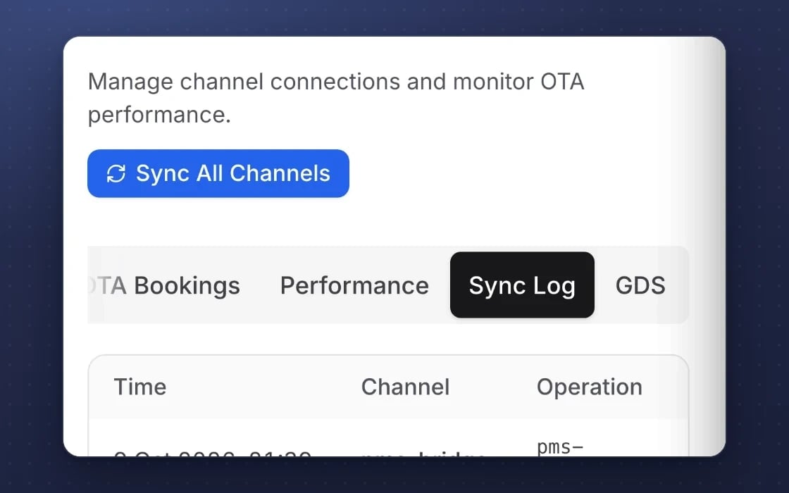 The mDOS channel manager sync log: every update with its time, channel, operation and status