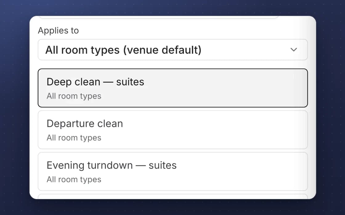 Housekeeping-Checklisten-Vorlagen in mDOS: Grundreinigung, Abreisereinigung, Abendreinigung (Turndown) und Zwischenreinigung (Stayover), nach Zimmertyp