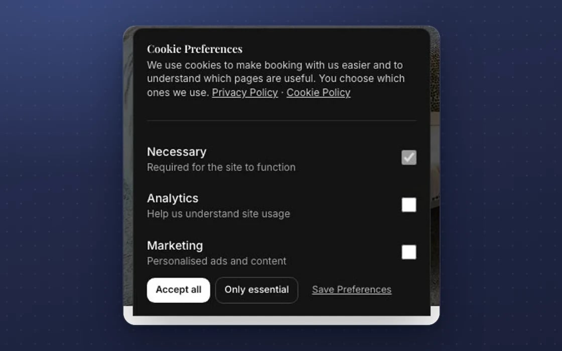 El banner de cookies de mDOS en un móvil: necesarias, analíticas y de marketing, con opciones de aceptar todas o solo las esenciales