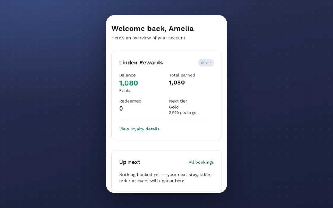 The mDOS guest portal home: loyalty balance and the guest’s upcoming bookings