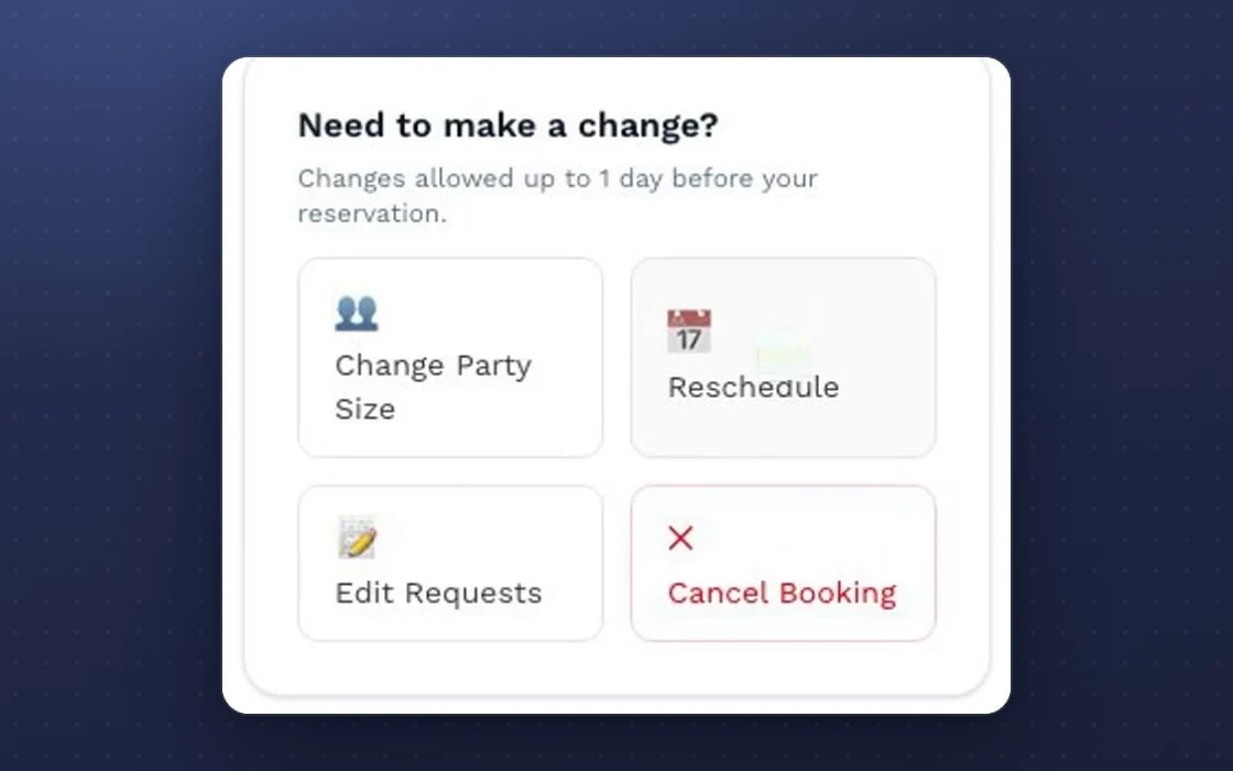 Changing a booking in the mDOS guest portal: party size, reschedule, requests or cancel, without a call