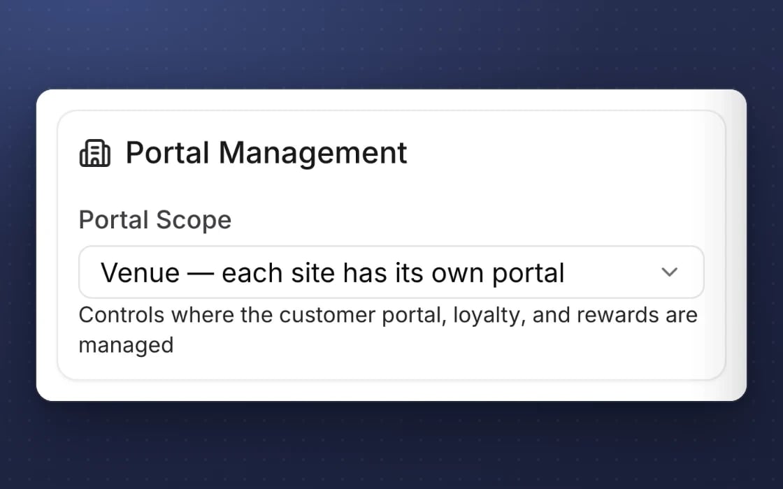 Customer portal settings in mDOS: each site has its own portal, carrying its own details, loyalty and rewards