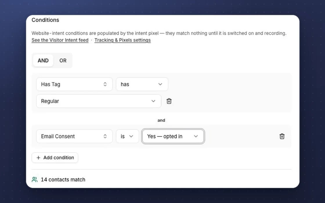 A segment in mDOS: customers tagged Regular who opted in to email, with a live count of 14 contacts