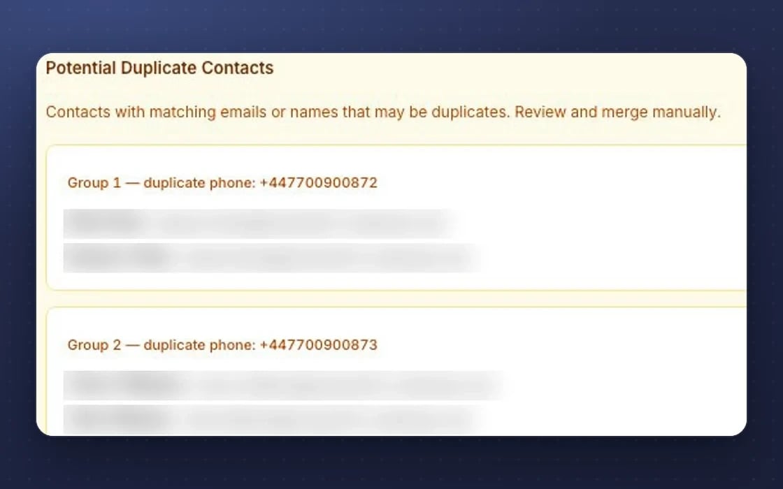 Possible duplicate customers in mDOS, grouped by a shared phone number or name, ready to merge