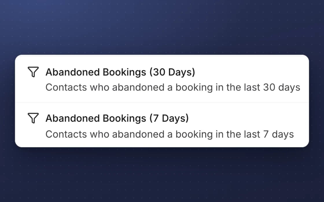 Segments in the mDOS CRM that update themselves: abandoned bookings, guests acquired through paid channels, engaged guests