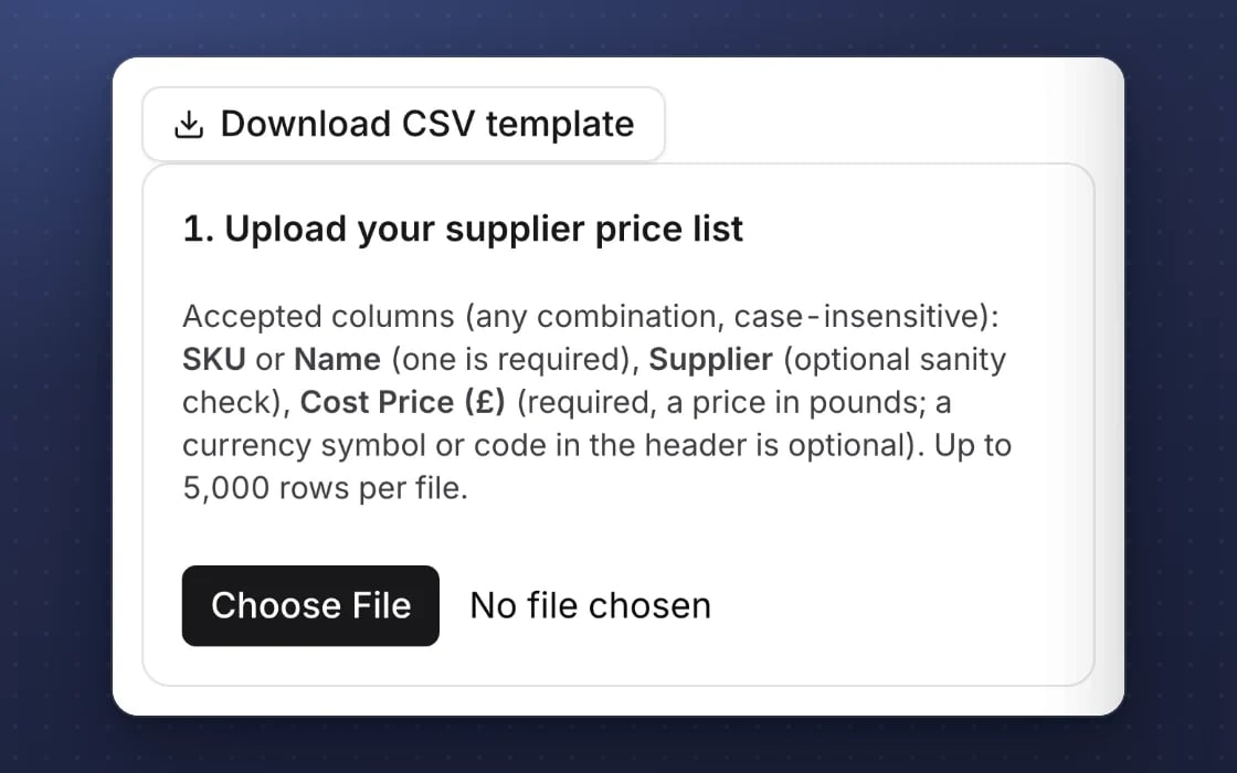 A CSV import in mDOS: the columns it accepts and matches, with a template to download