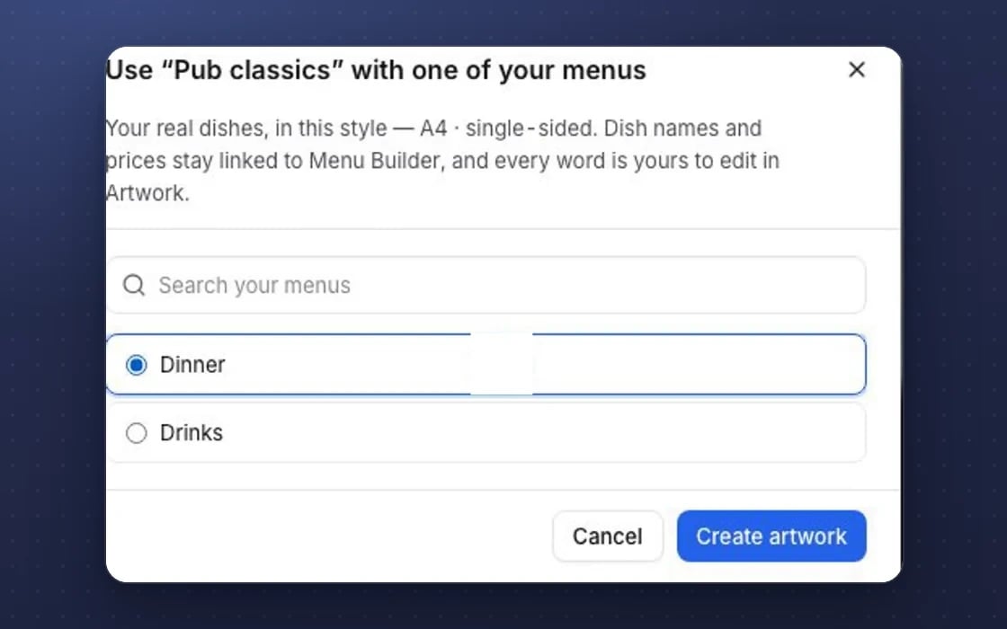 Starting a menu design in mDOS from a live menu: dish names and prices stay linked to the menu builder