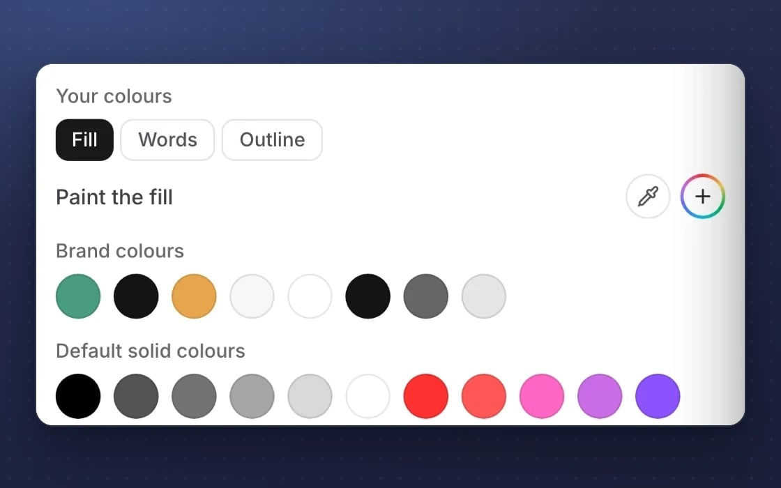 The mDOS design studio brand panel: your brand colours offered first for fills, words and outlines