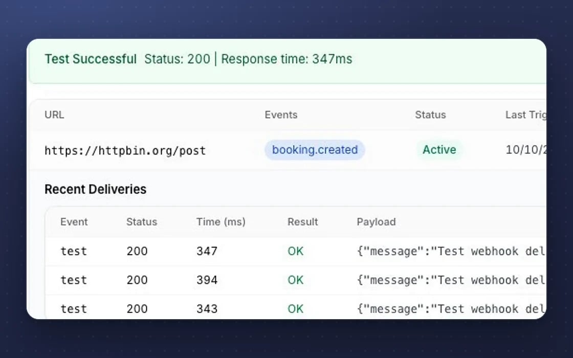 Webhooks in mDOS: a successful test and the recent deliveries, each with its status and attempt