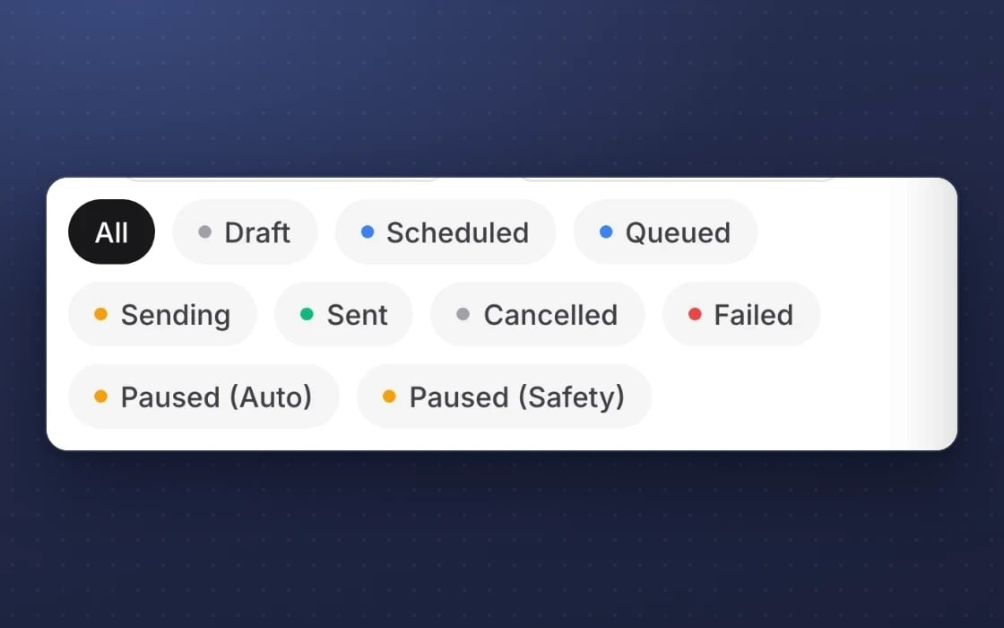 Email campaign statuses in mDOS, including sends paused automatically and paused for safety
