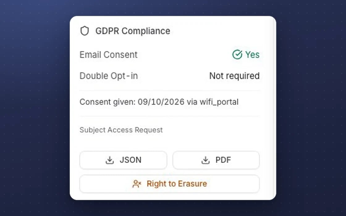 GDPR details on an mDOS customer record: consent, and the data request export as JSON or PDF