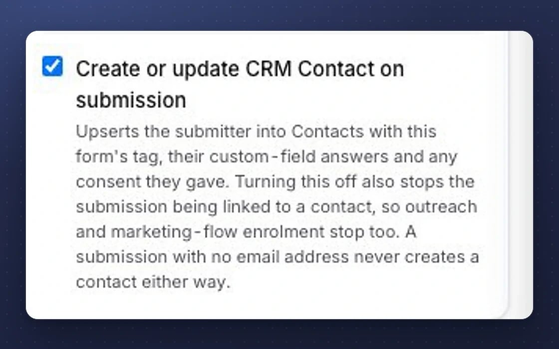 Form settings in mDOS: each submission creates or updates the customer record, with the consent they gave