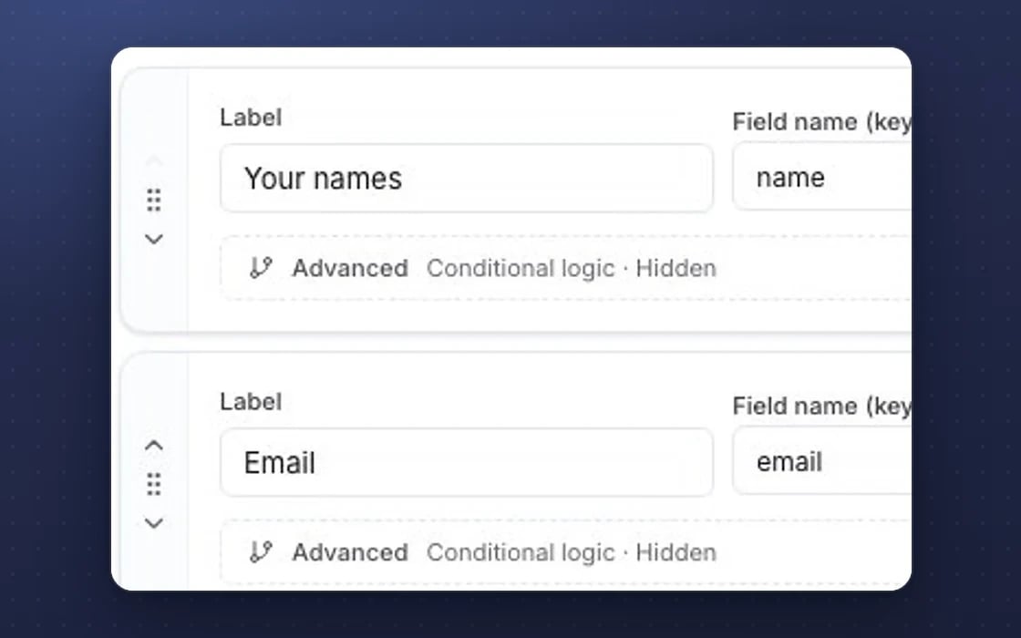 Form fields in mDOS, each with conditional logic, plus UTM tracking and GDPR consent fields