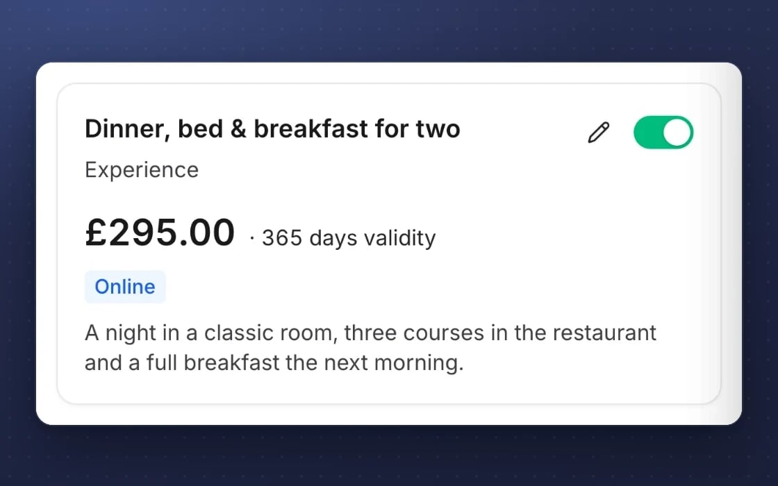 Eine Geschenkgutschein-Art in mDOS: Abendessen, Übernachtung und Frühstück für zwei Personen für £295, 365 Tage gültig, online verkauft