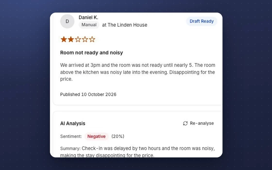 A review in mDOS with its star rating, the guest’s words and a reply drafted ready for approval