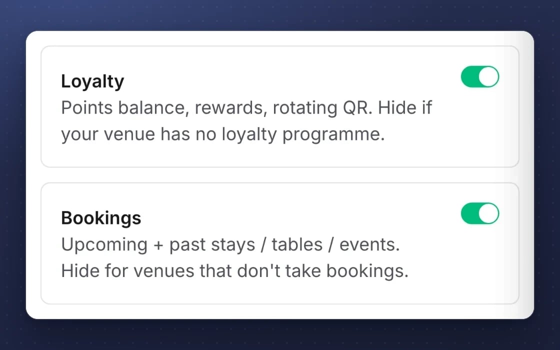 Guest app settings in mDOS: switch the loyalty, bookings and ordering tabs on or off