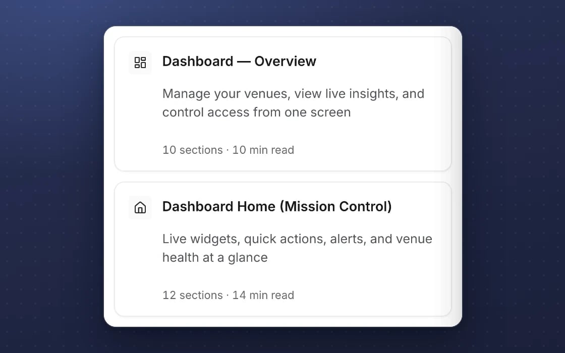 The mDOS help centre: guides for every module, with sections and reading time