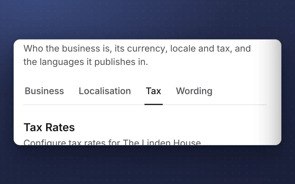 Tax rates in mDOS, set for each venue: prices tax-inclusive for the home jurisdiction, with location-based tax for shipping abroad
