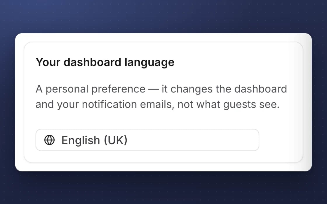 Localisation in mDOS: your own dashboard language, then the currency, locale and timezone for each venue