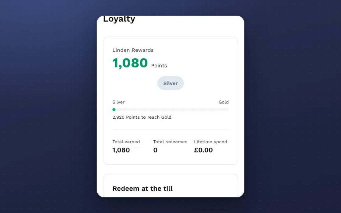 Loyalty in the guest portal: points balance, tier progress and a QR code to use at the till