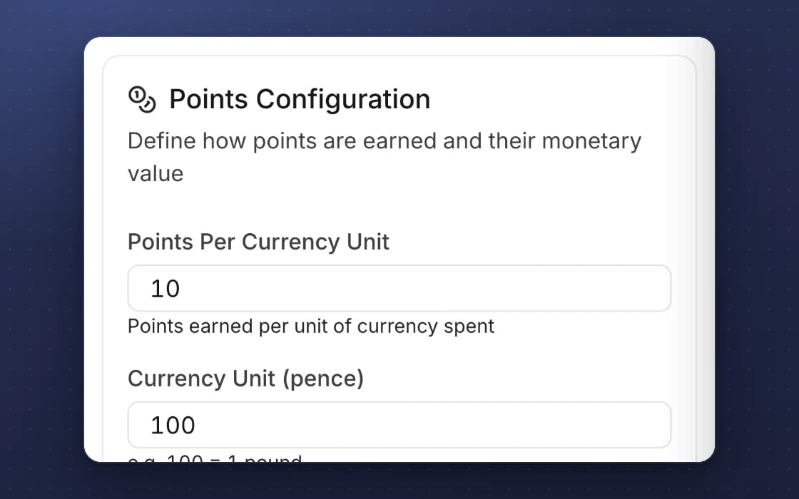 Loyalty programme rules in mDOS: points per pound, the currency unit and what each point is worth