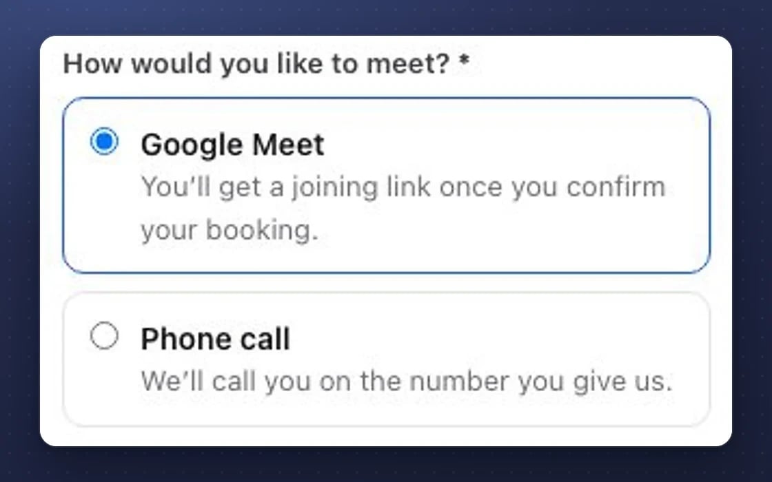 Booking a call in mDOS: the guest picks Google Meet, with a joining link sent on confirmation, or a phone call