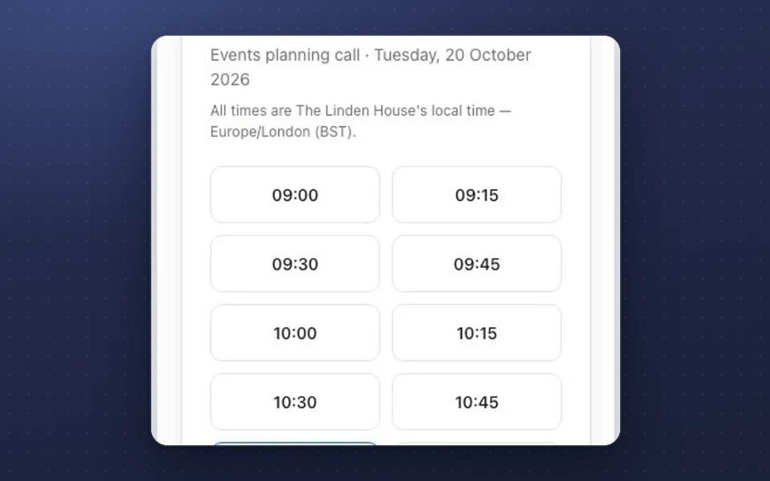 Free times on an mDOS booking link, shown in the venue’s own time zone