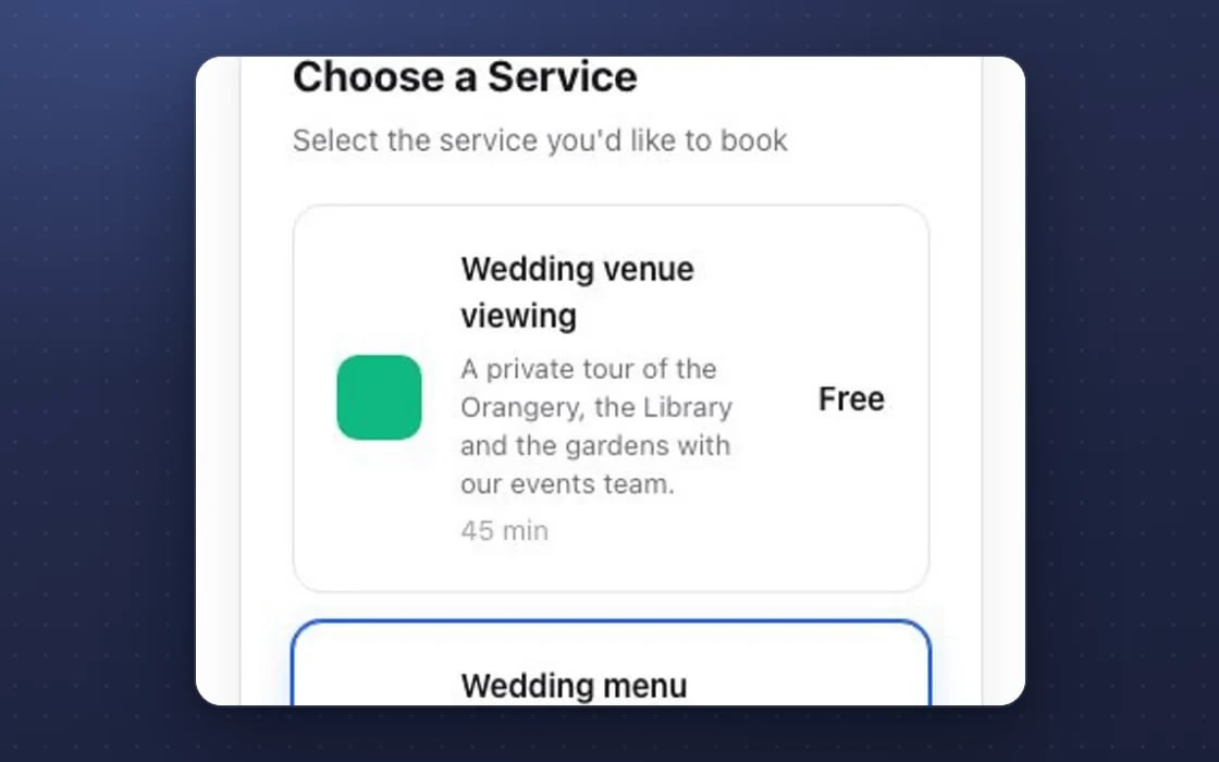 A meeting booking link in mDOS: the guest chooses which kind of meeting to book, each with its own length