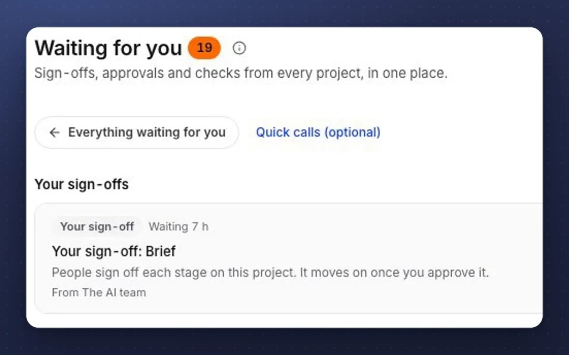 Sign-offs waiting in mDOS: each project stage moves on only once you approve it
