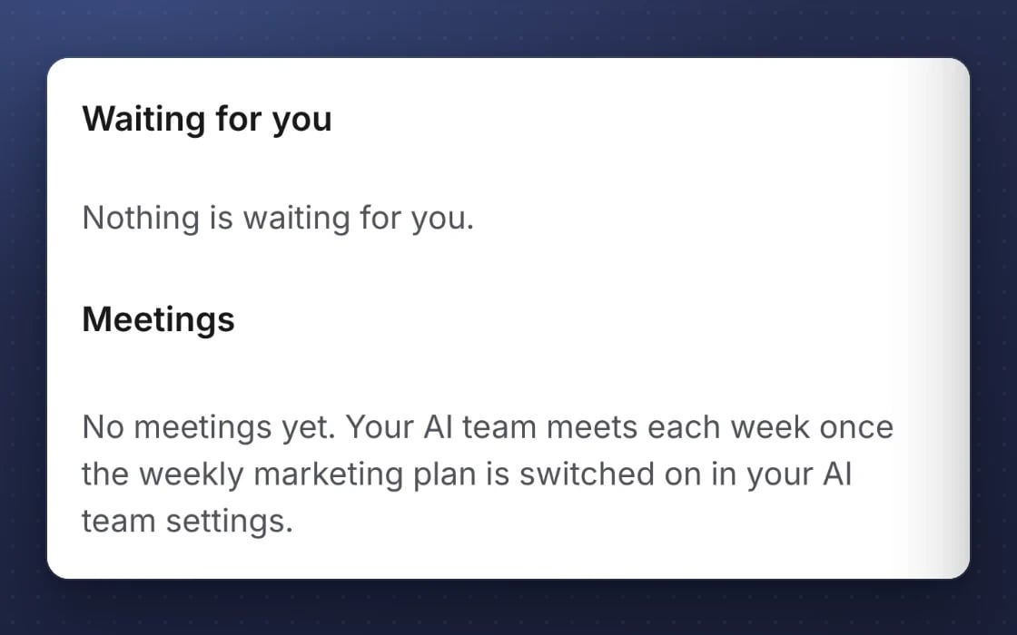 AI team meetings in mDOS: nothing changes until a company administrator approves it, and the weekly meeting only runs once the weekly plan is on