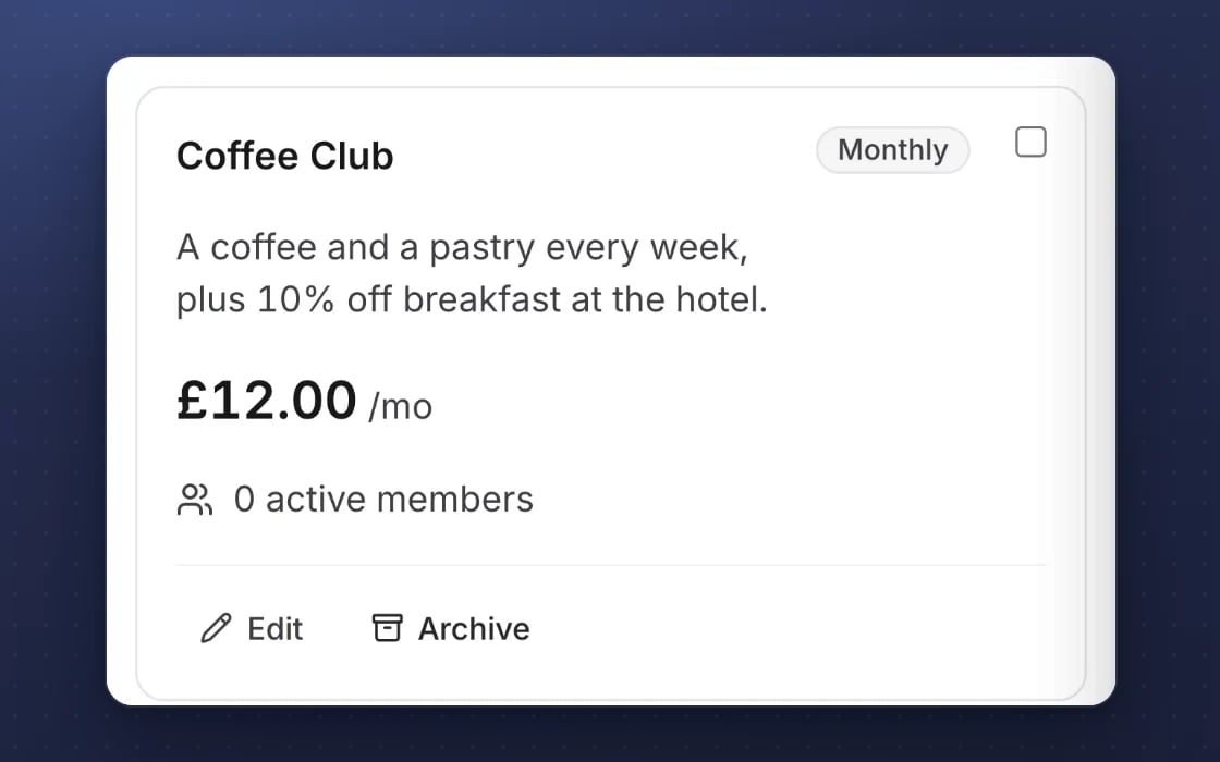 Membership plans in mDOS: a monthly coffee club at £12 a month with its perks