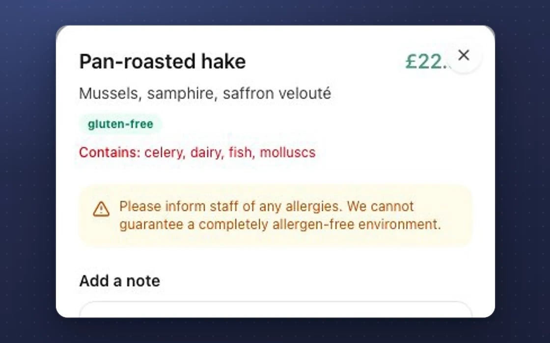 A dish on the mDOS ordering page with its allergens shown to the guest