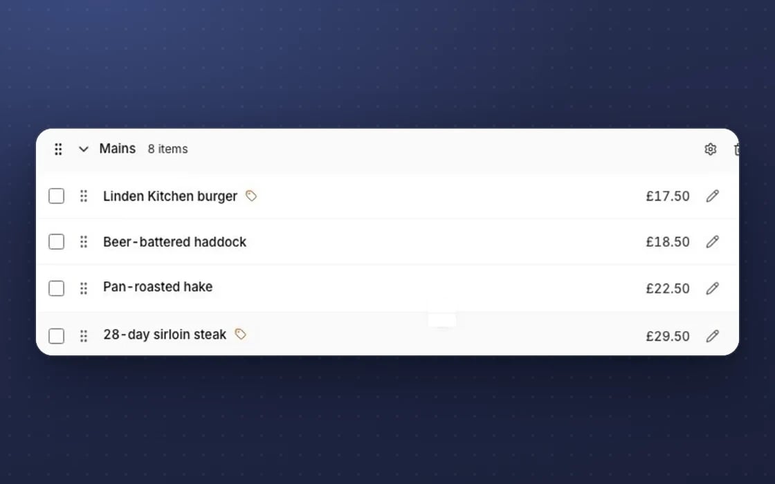 Menu items in mDOS with their prices, ready to share across sites
